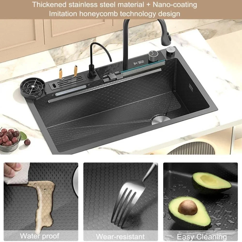 RUO WU Stainless Steel Twin Waterfall Kitchen Sink with Nano Coating and 360° Pull-Out Faucet