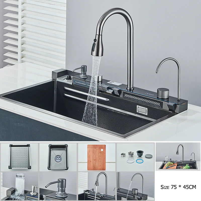 Stainless Steel Waterfall Sink with Faucet Set