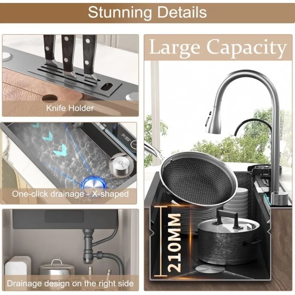 RUO WU Stainless Steel Twin Waterfall Kitchen Sink with Nano Coating and 360° Pull-Out Faucet