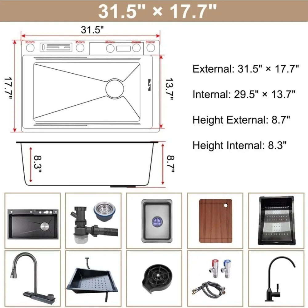 RUO WU Stainless Steel Twin Waterfall Kitchen Sink with Nano Coating and 360° Pull-Out Faucet